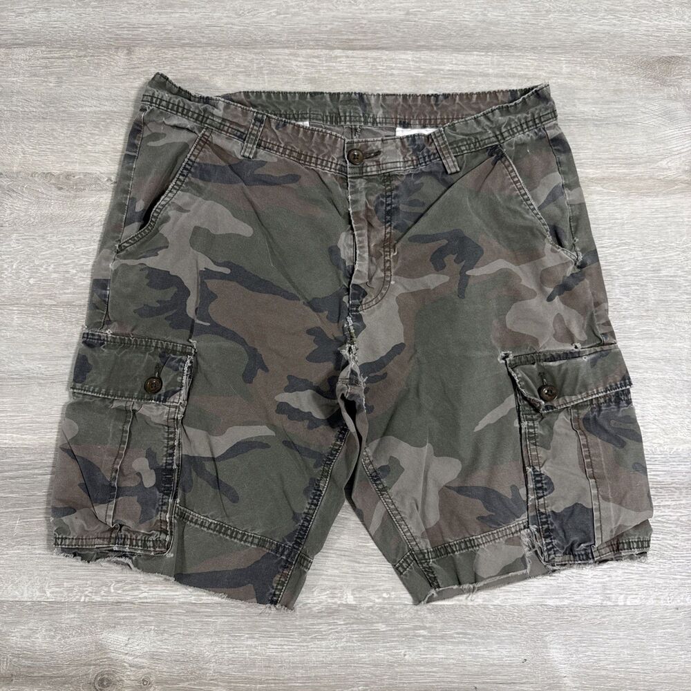 Camo Cargo Shorts Men’s 36 Green Brown Camouflage Cut Off Distressed Damaged